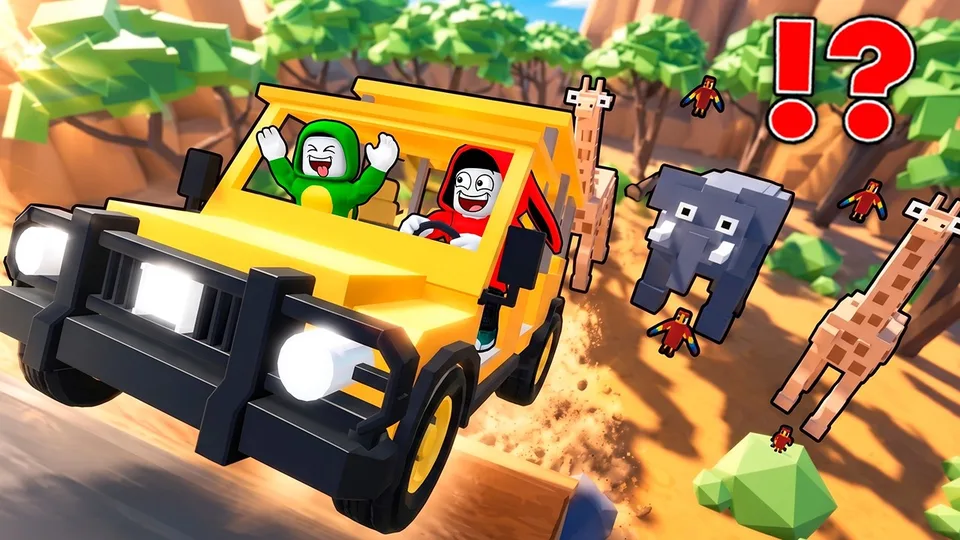 Players riding the safari bus while a Family Album quest asks them to film a baby animal in Film Animals