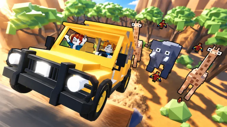 Film Animals safari landscape with a yellow jeep, giraffe and elephant